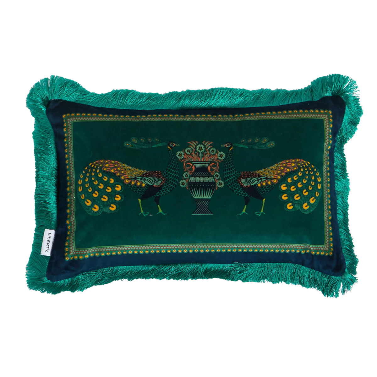 emerald green fringed cushion with peacock