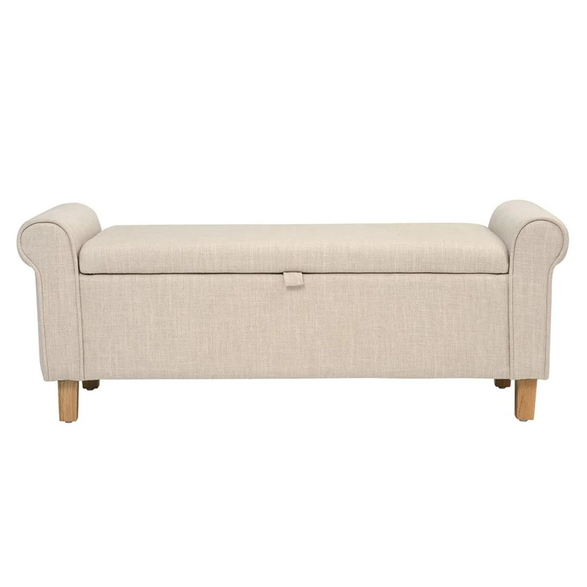 a neutral winged blanket box ottoman with wooden legs