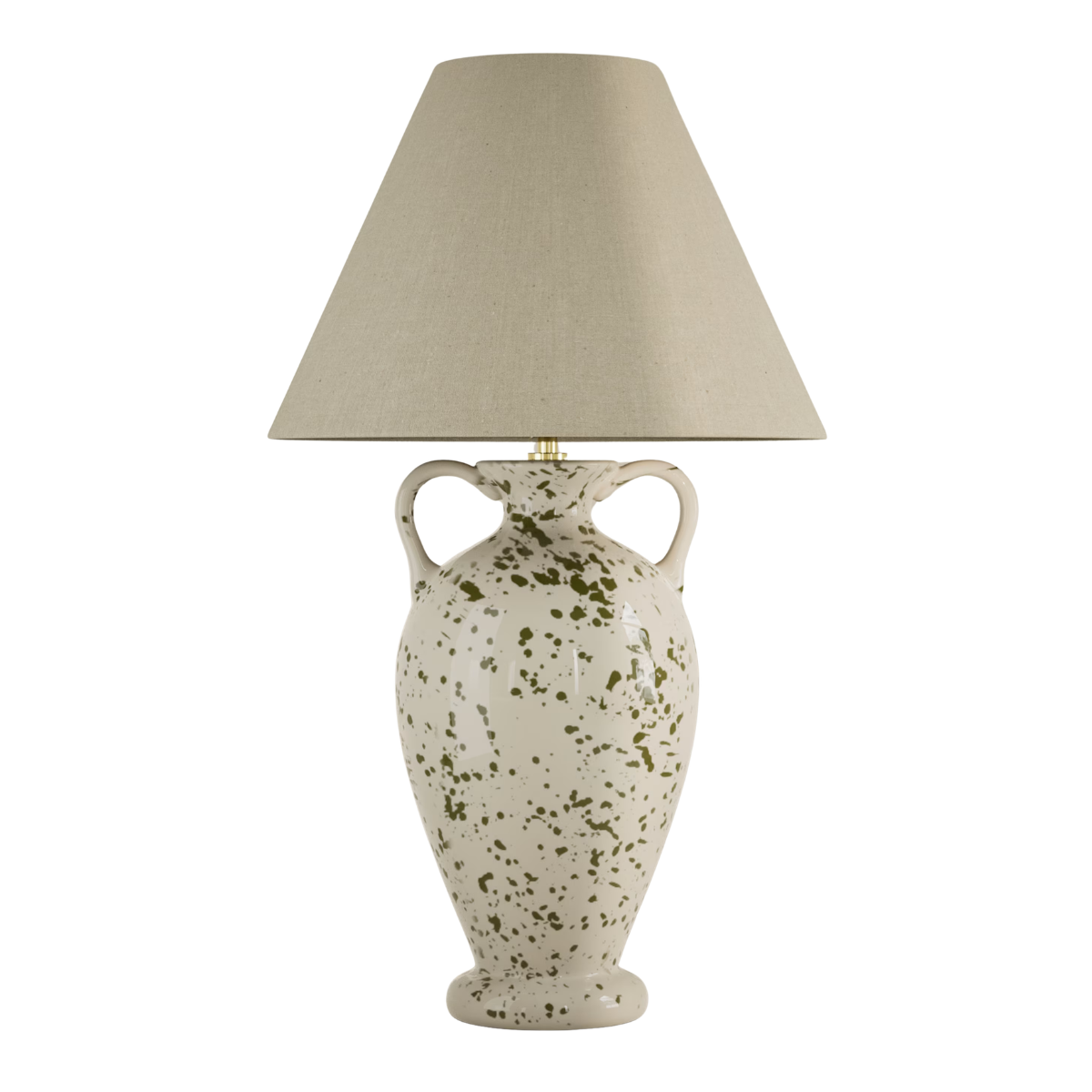 a cream urn lamp with splatter print and plain cream shade