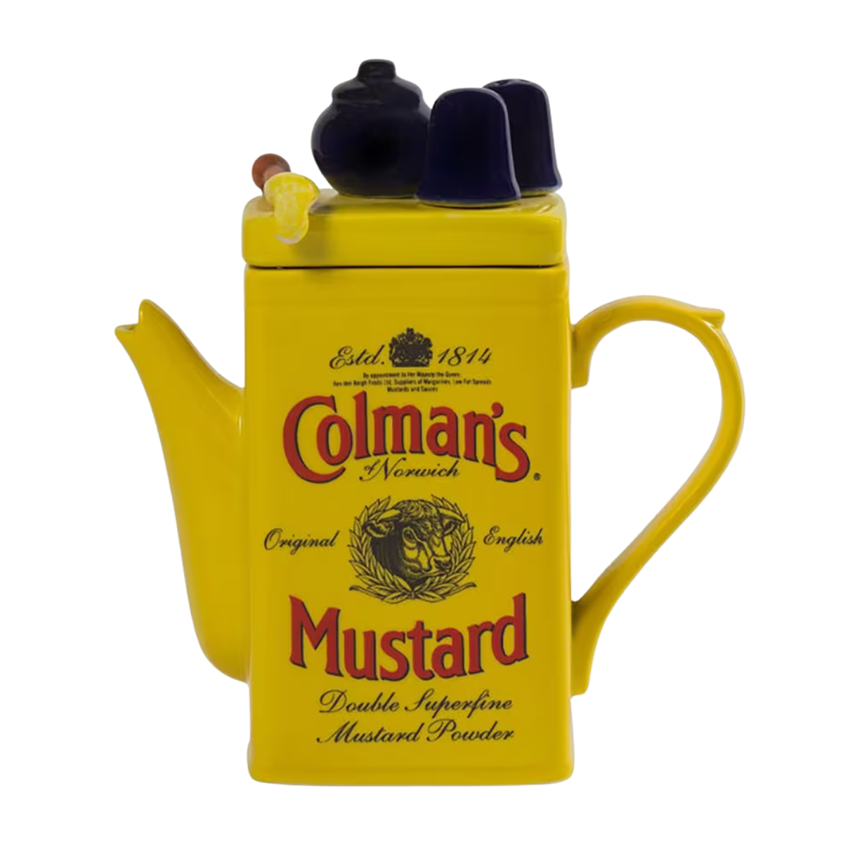 a yellow teapot in the shape of a jar of mustard