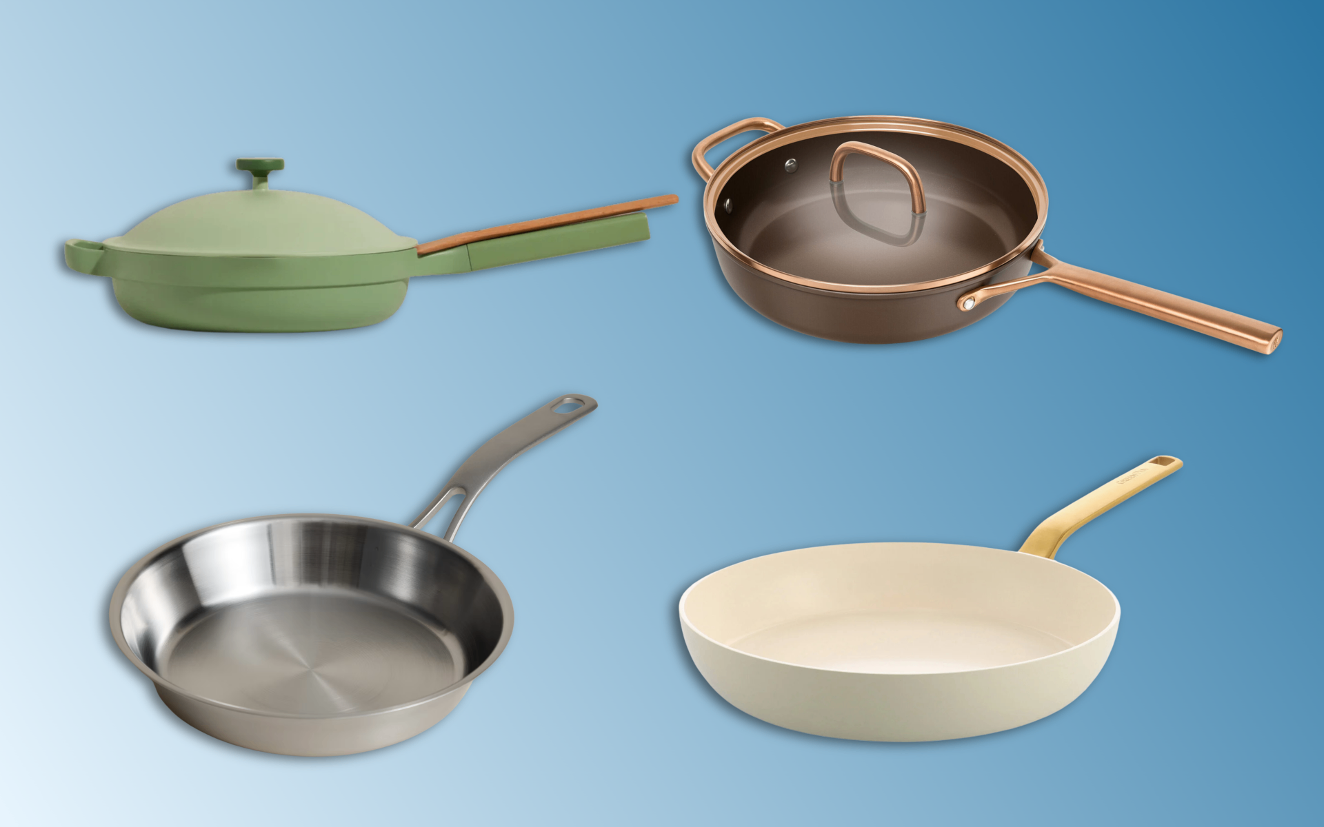 4 frying pans on a blue background