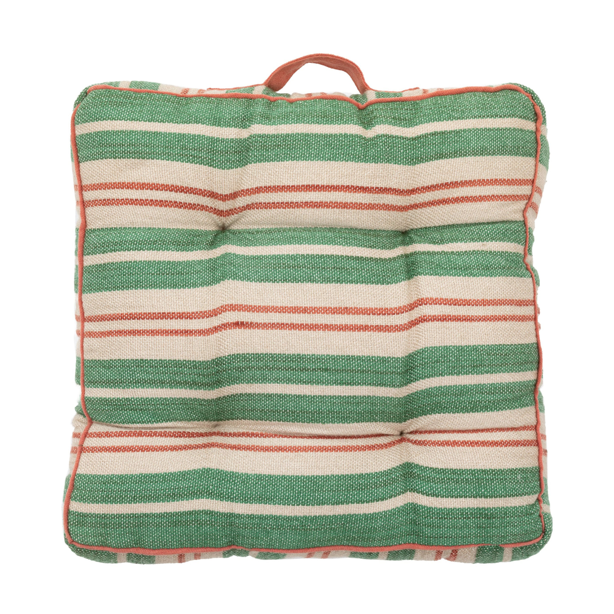 a green, cream and orange striped outdoor floor cushion