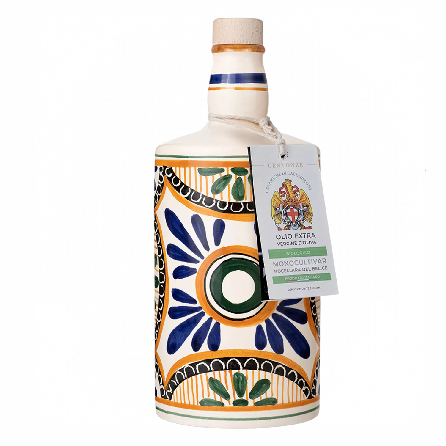 a ceramic painted bottle of olive oil