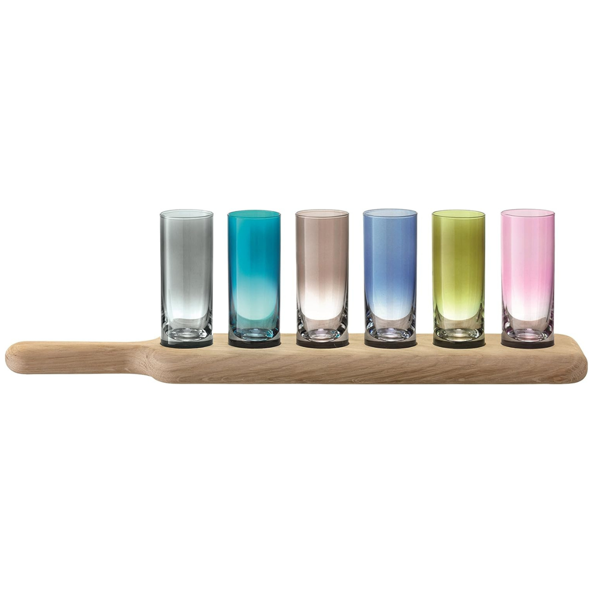 an oak paddle with 6 multicoloured shot glasses