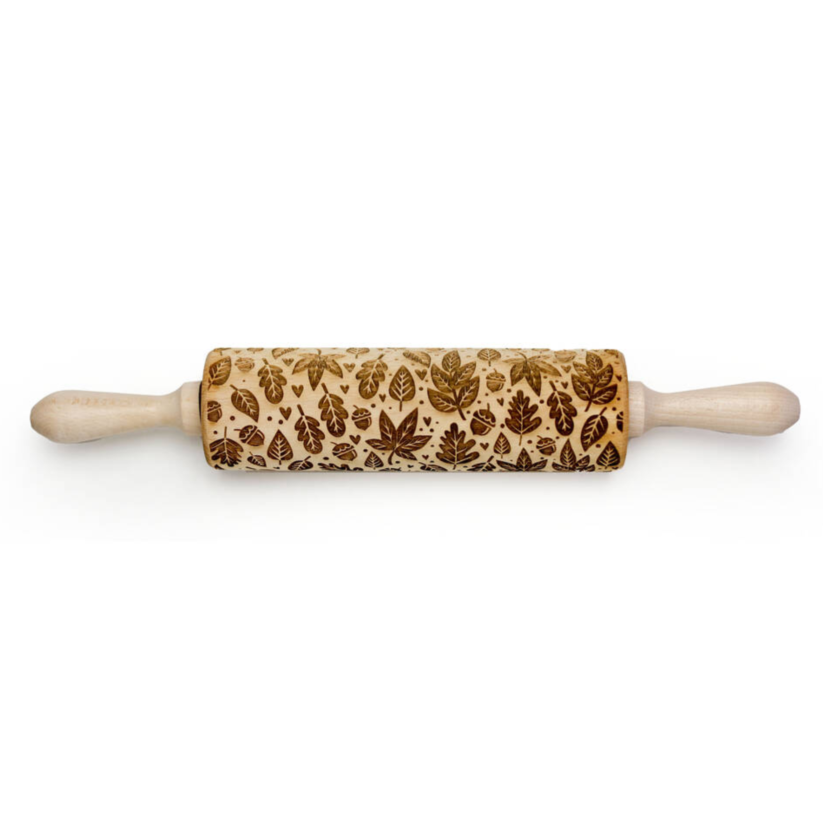 Wooden rolling pin engraved with a detailed pattern of autumn leaves and acorns