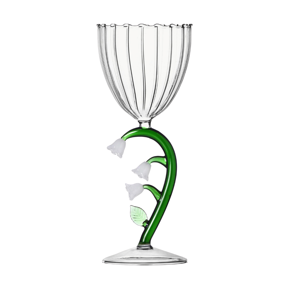 A WHITE WINE GLASS WITH A GREEN AND WHITE STEM IN THE SHAPE OF A FLOWER