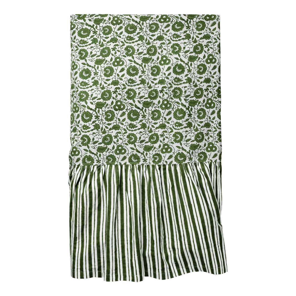 a green and white table cloth with botanical pattern and a stripe frill