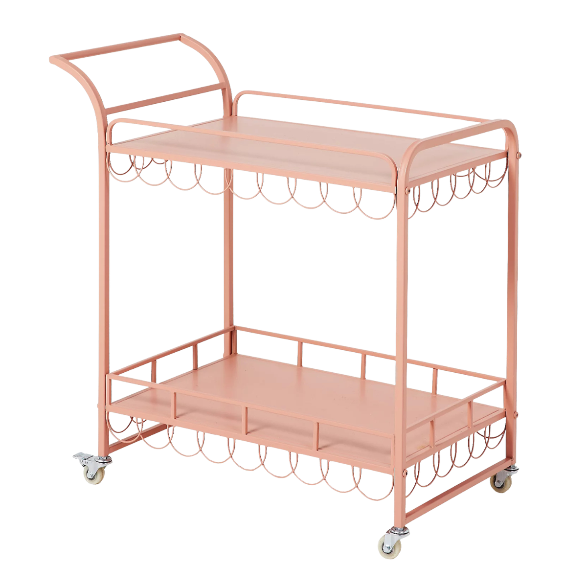 a pale pink metal bar cart