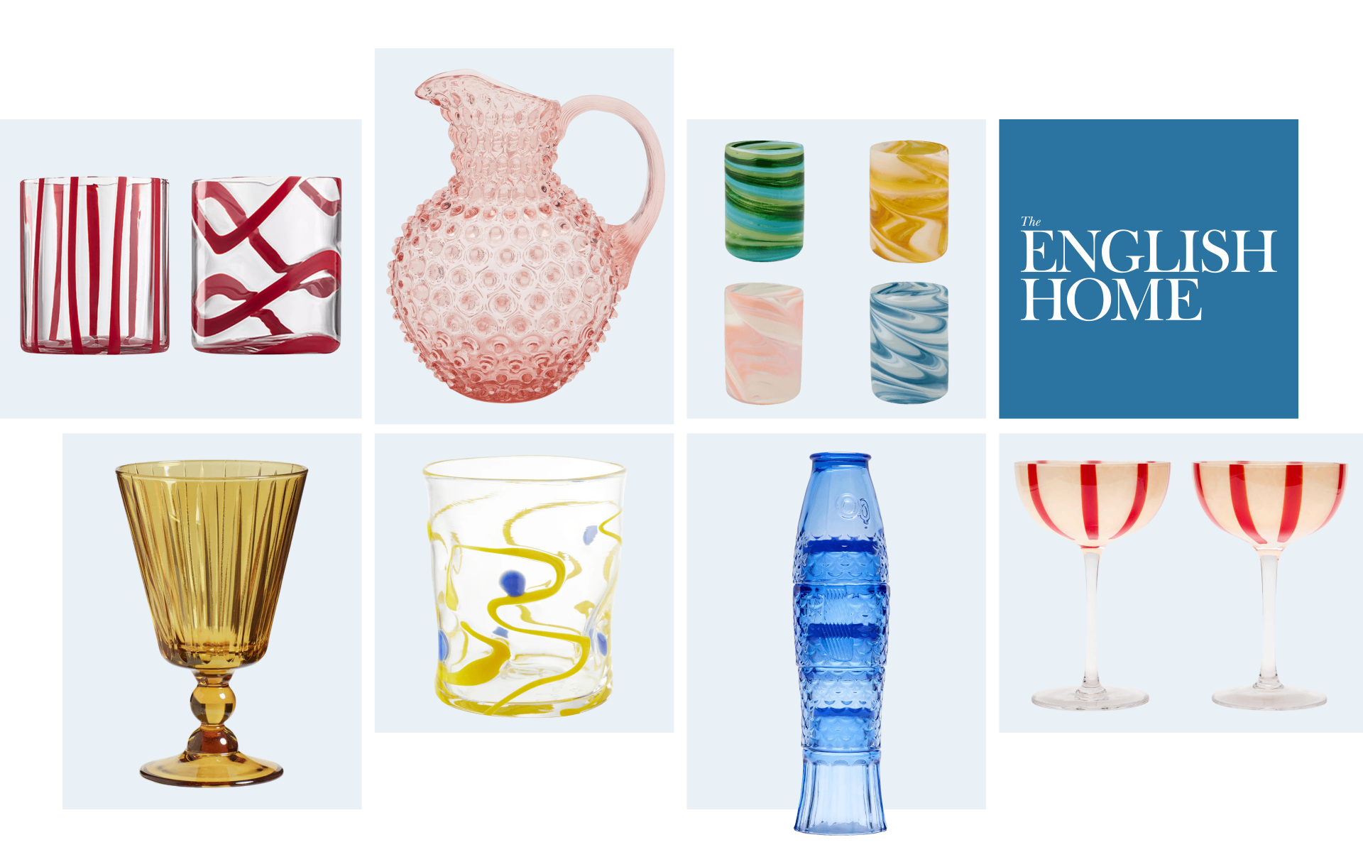 a collage of colourful glassware with the english home logo
