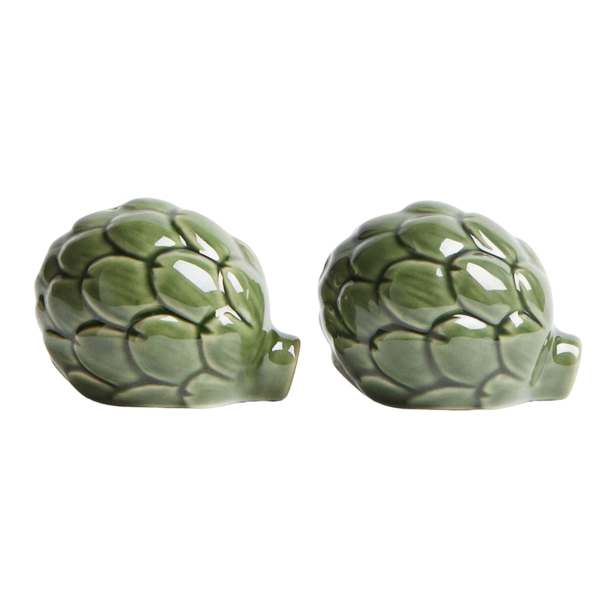 green salt and pepper shakers in the shape of two artichokes