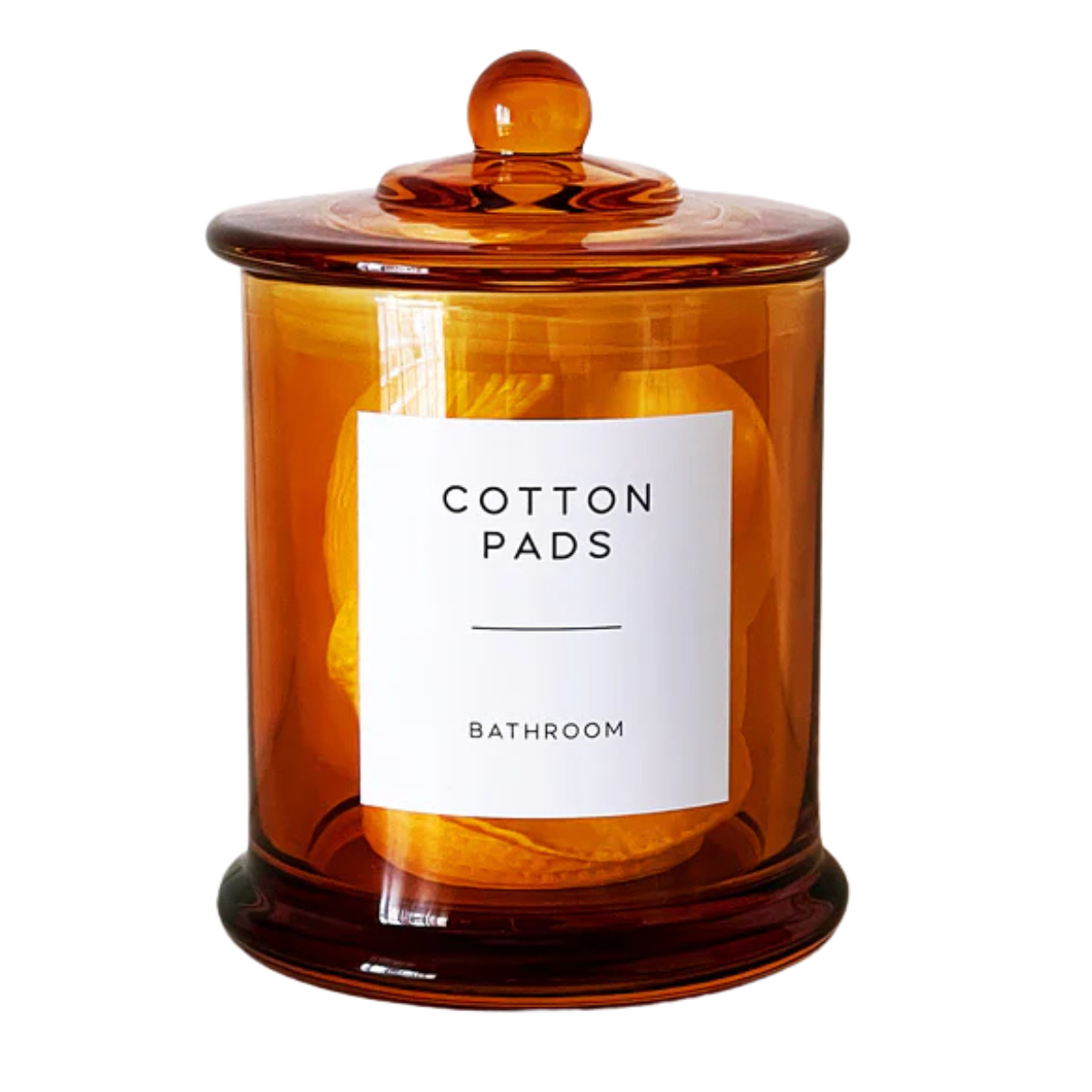amber bathroom storage jar with label