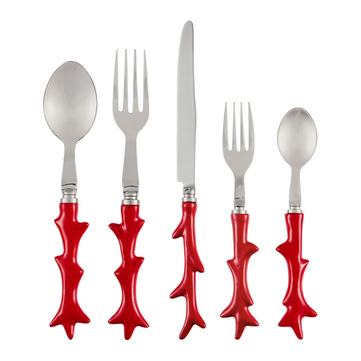 set of 5 cutlery with red handles in the shape of coral