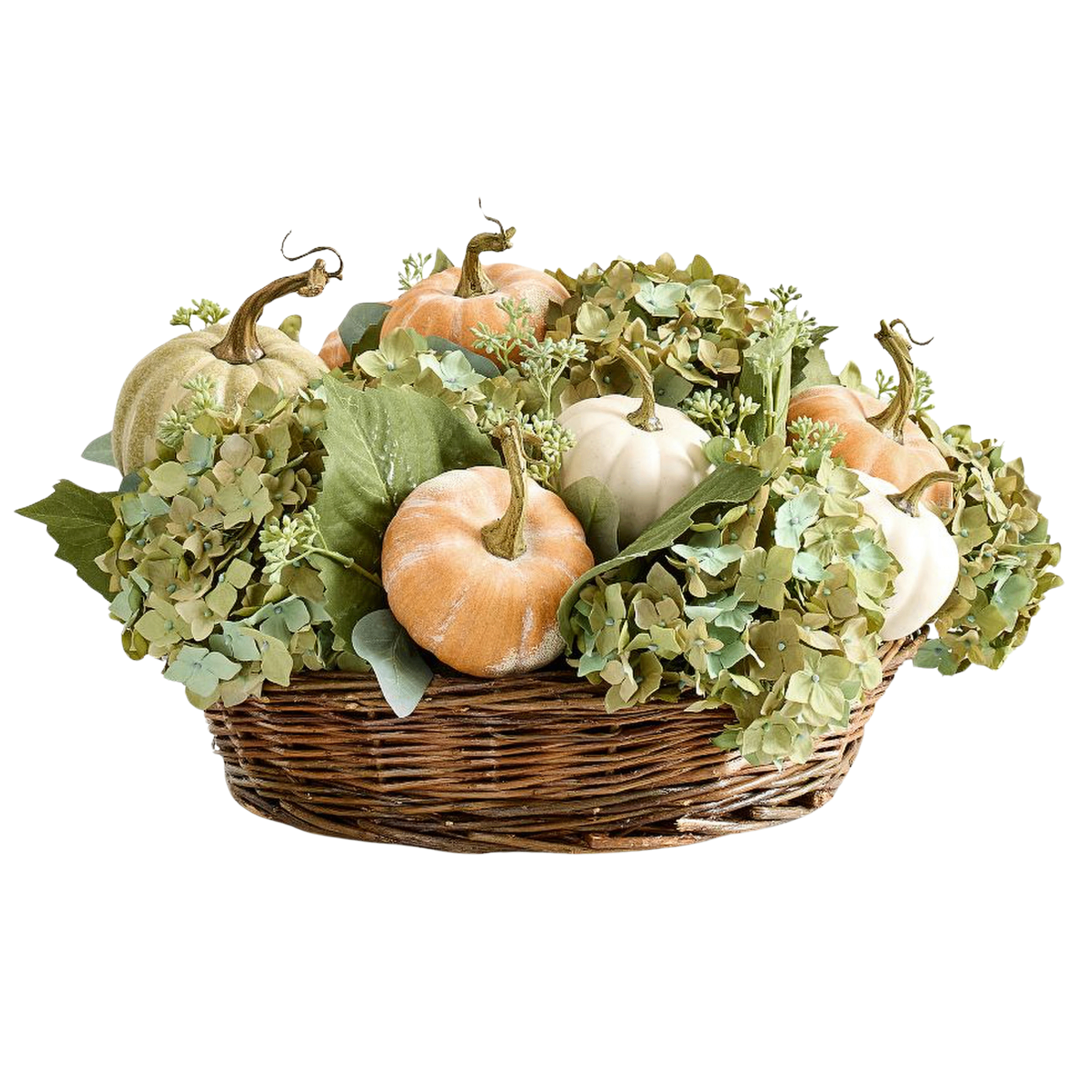 a faux green white and orange autumn arrangement with leaves and pumpkins in a rattan basket