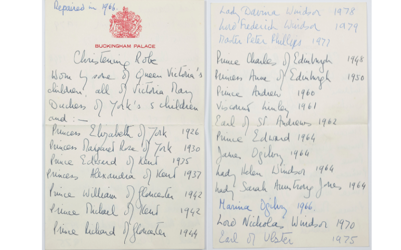 Handwritten notes by Queen Elizabeth II recording the royal babies to have worn the robe until the 1970s.