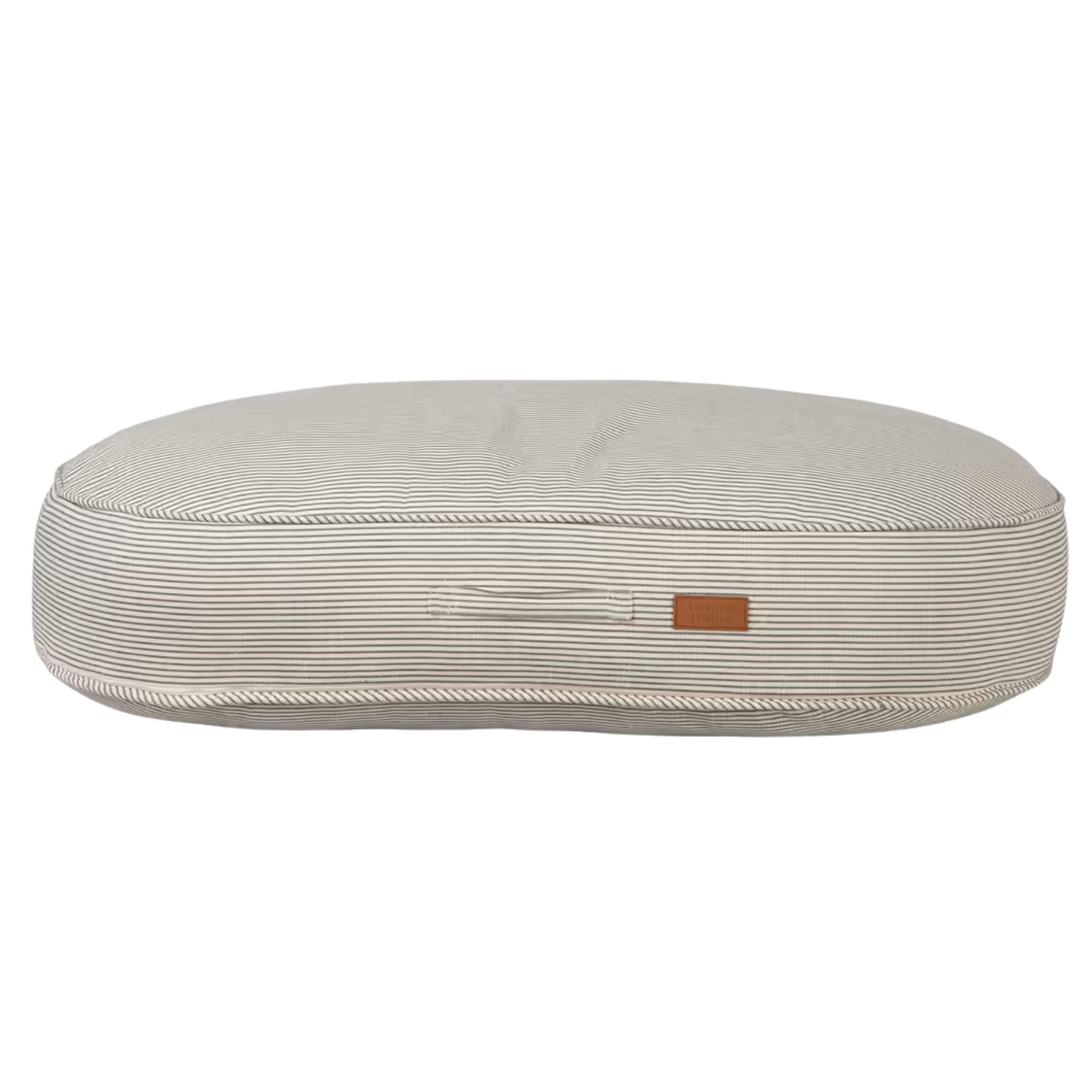 white and grey stripe oval dog bed