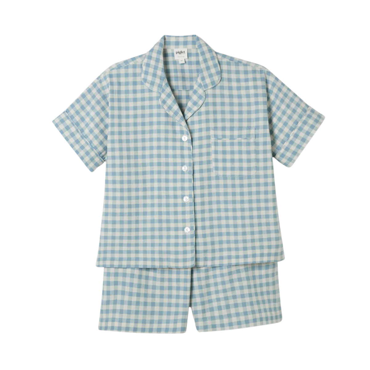 a set of short linen pyjamas in a blue gingham pattern