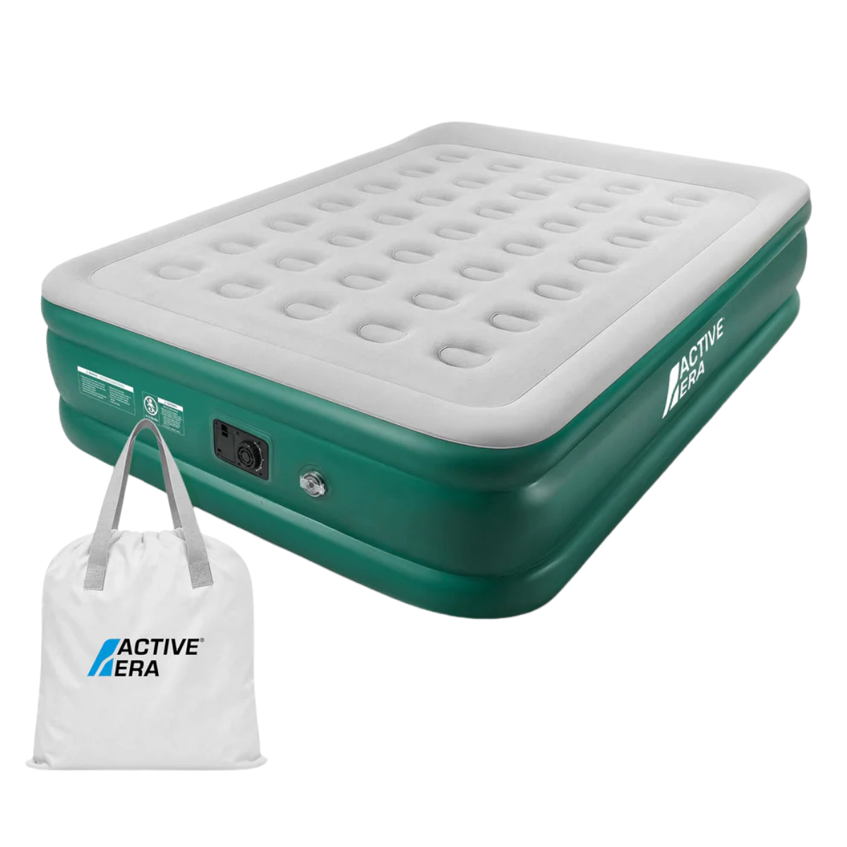 a dark green and pale grey air bed with carry bag
