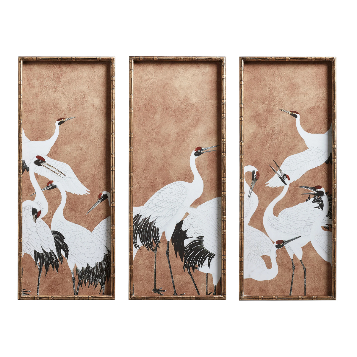 a set of three long rectangle prints of white birds