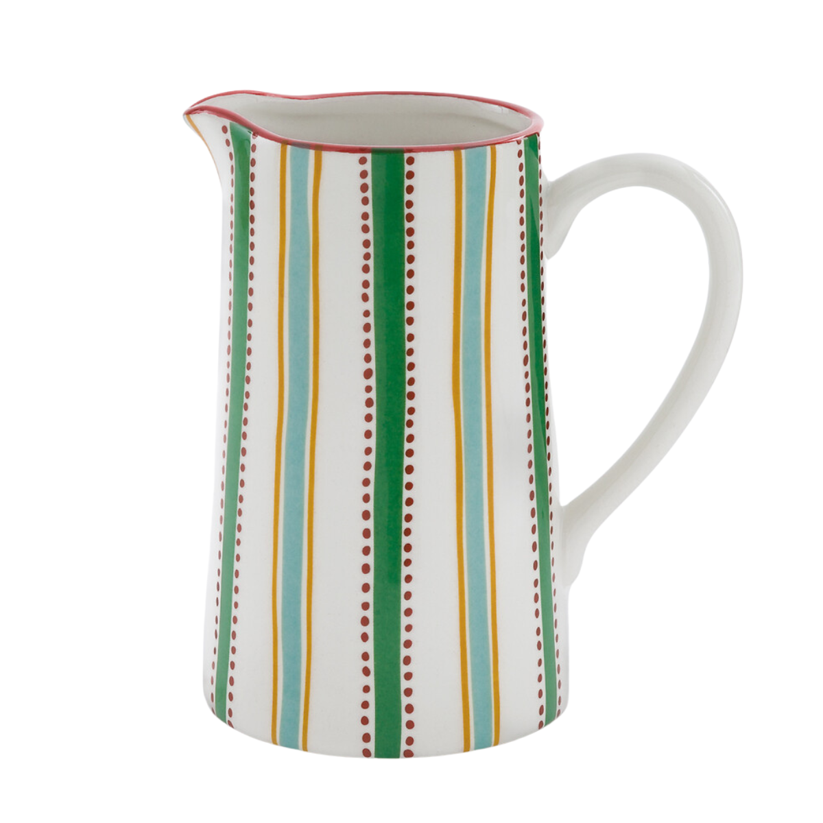 a white ceramic jug with green, yellow and blue stripes and red polka dots