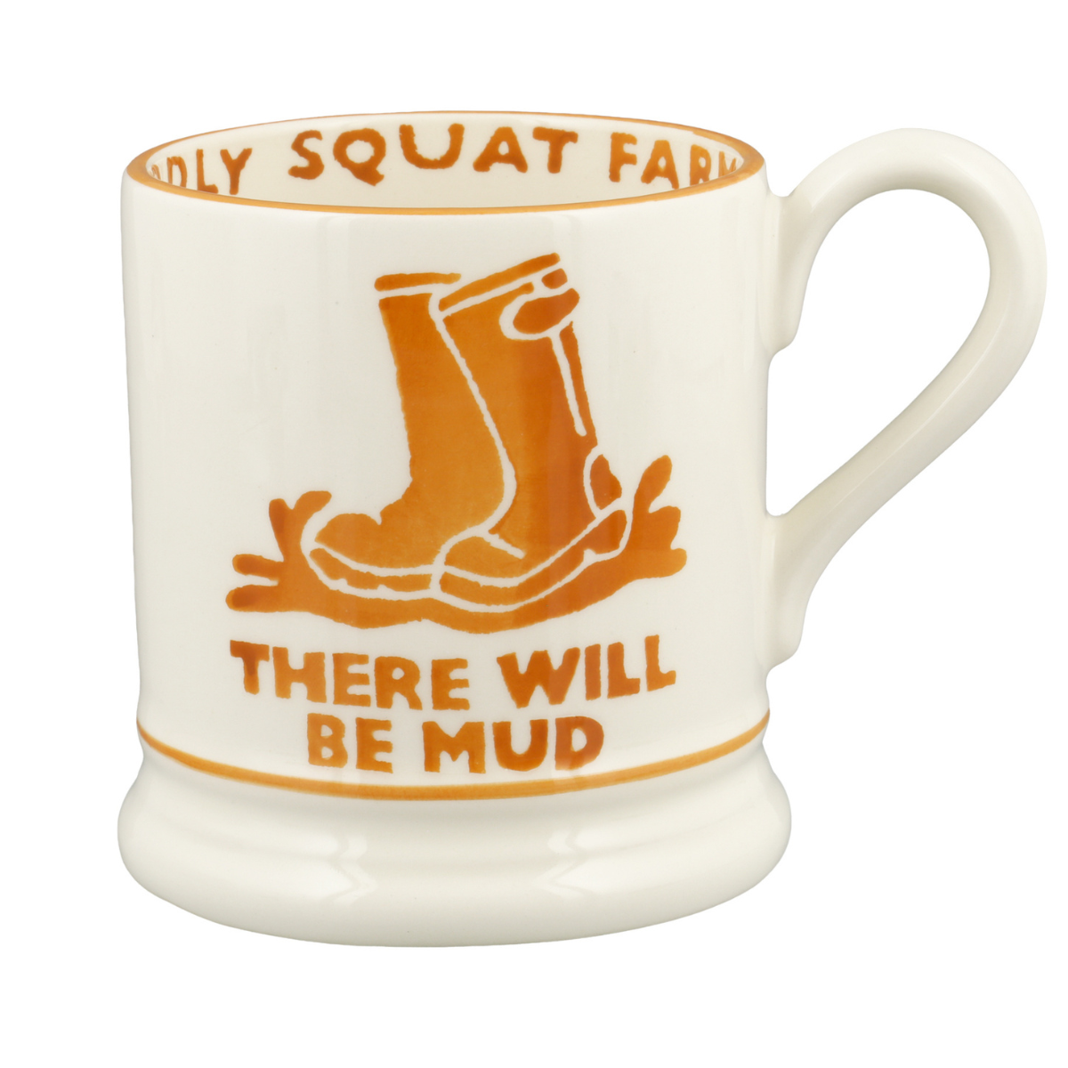 white emma bridgewater mug with yellow printed wellies and text that says there will be mud