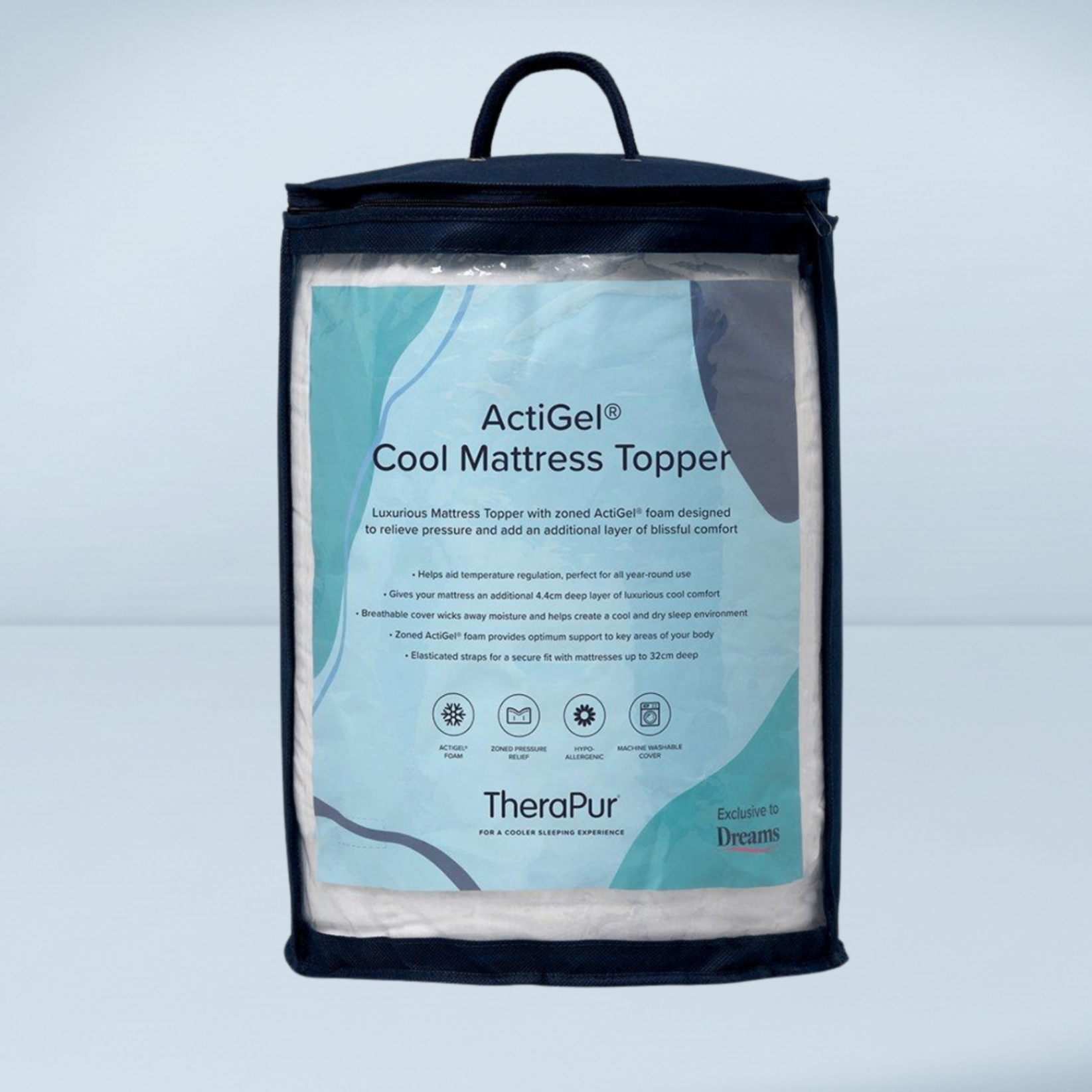 a mattress topper in a black and clear carry case with a blue label