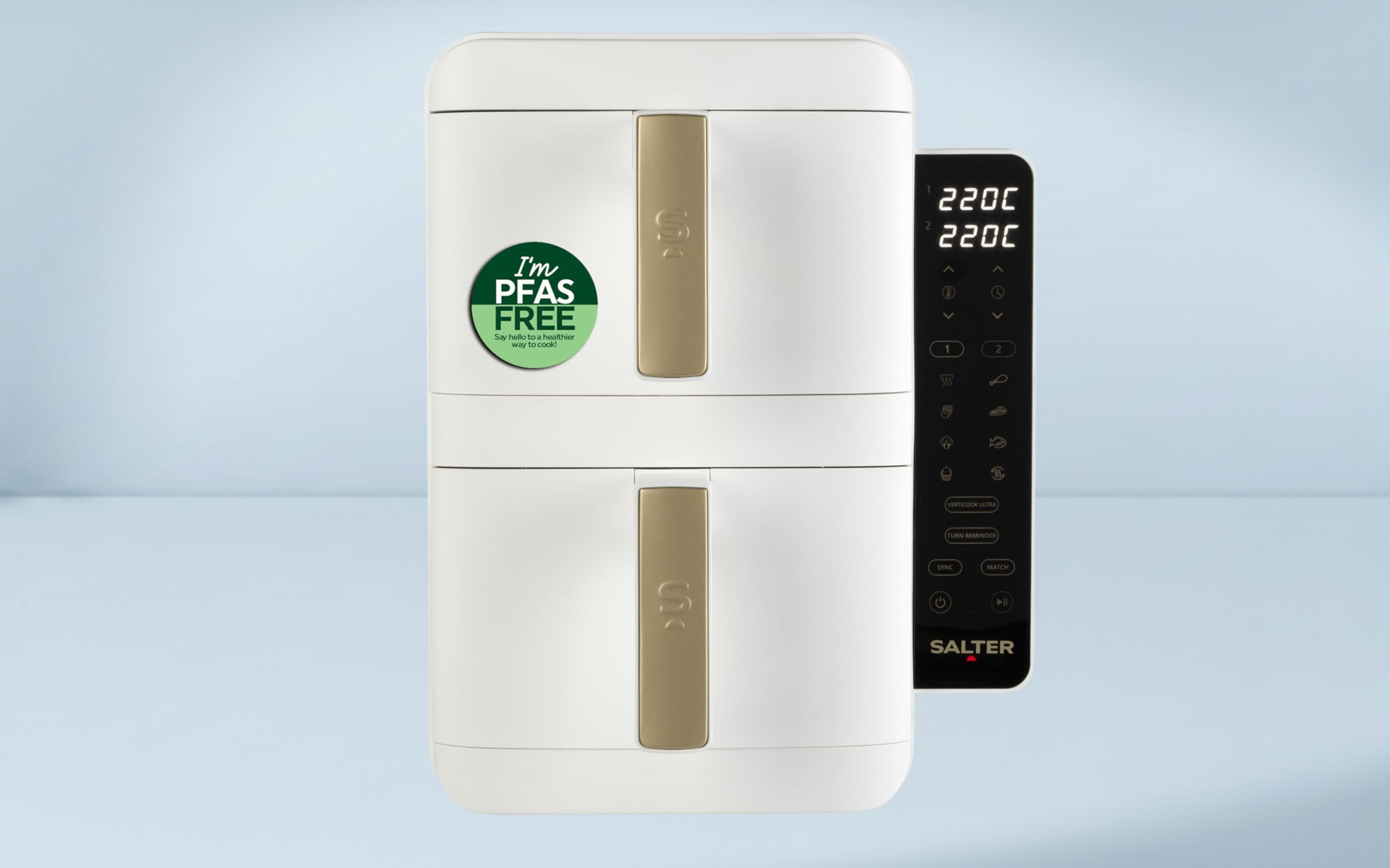 a white vertical air fryer with gold handles and a black control panel