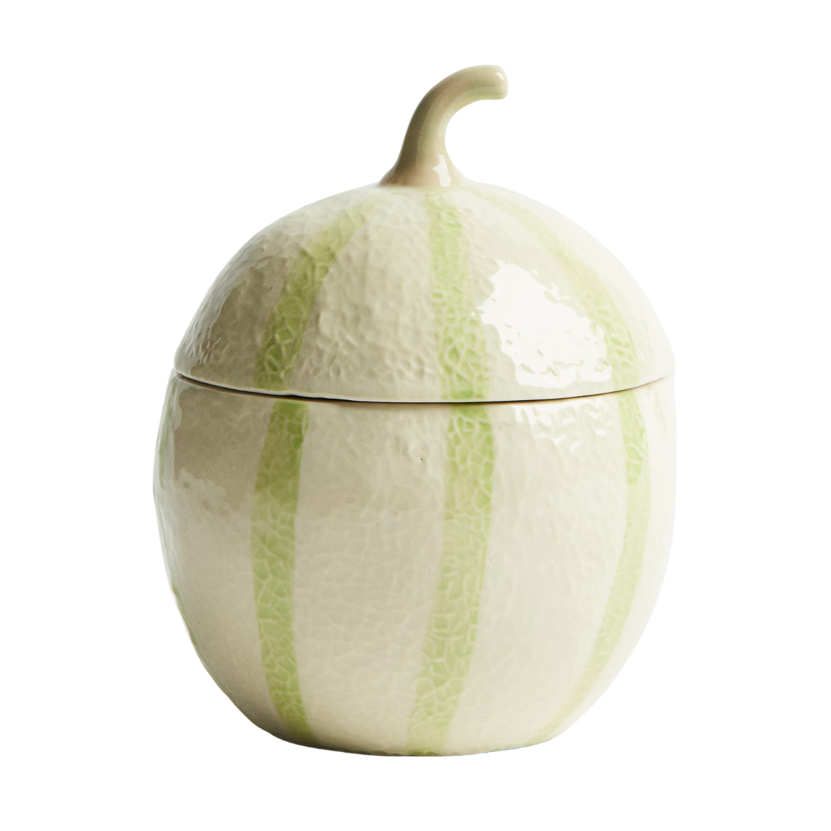 a pale green stripe storage jar in the shape of a melon