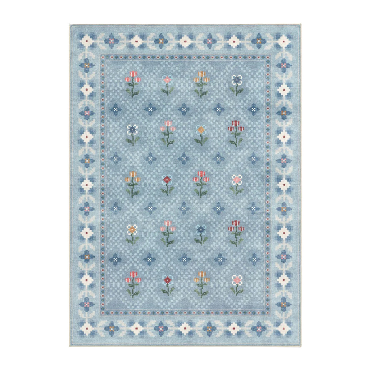 a pale blue rug with geometric tapestry style flowers