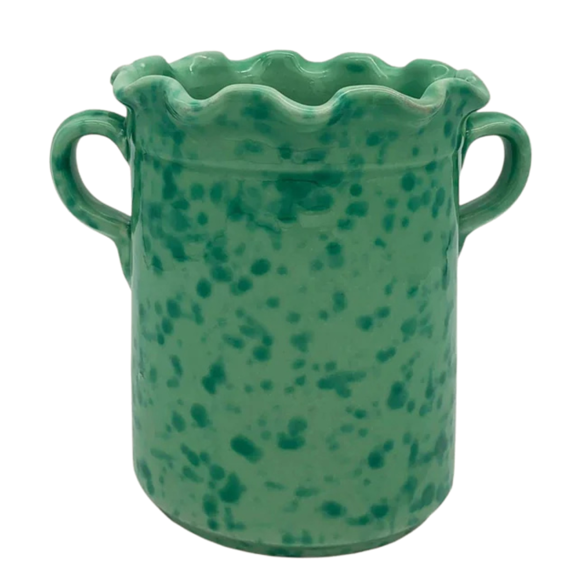 a green ceramic wine cooler with a ruffled edge and splatter pattern