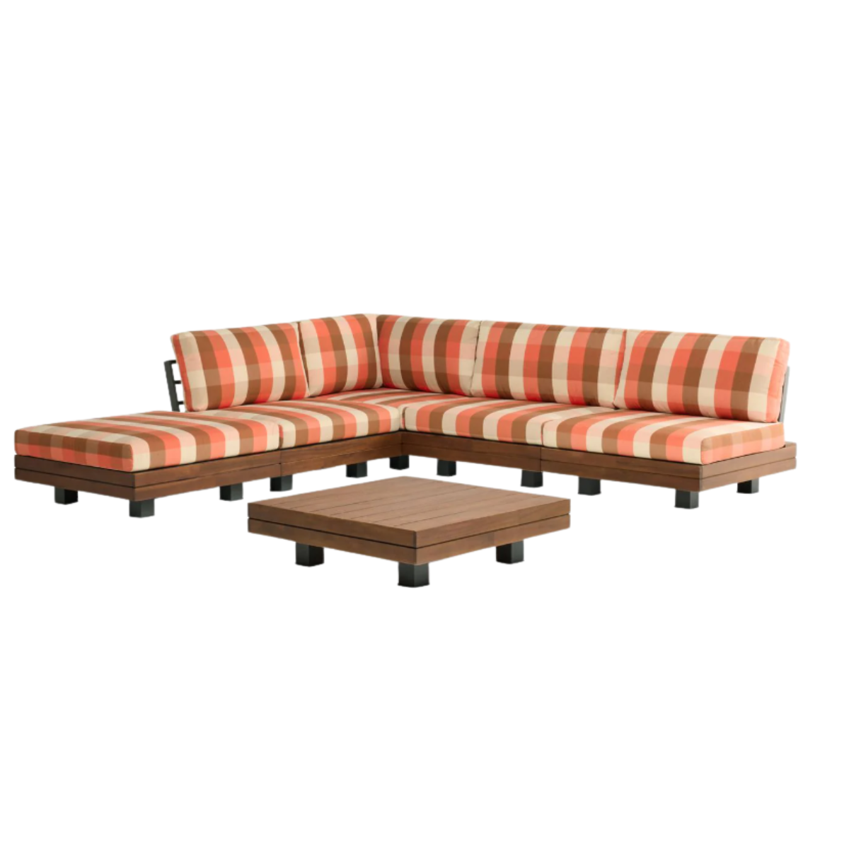 a beige brown and orange check garden lounge set with coffee table