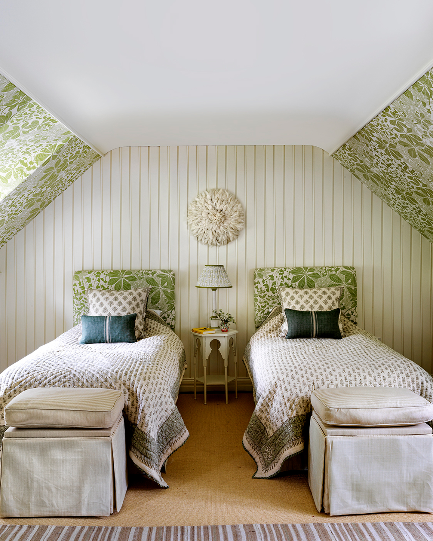 a cottage bedroom with white walls with sloping celinging with green wallpaper, twin beds with green botanical print headboards and floral patterned pillows and bedspread