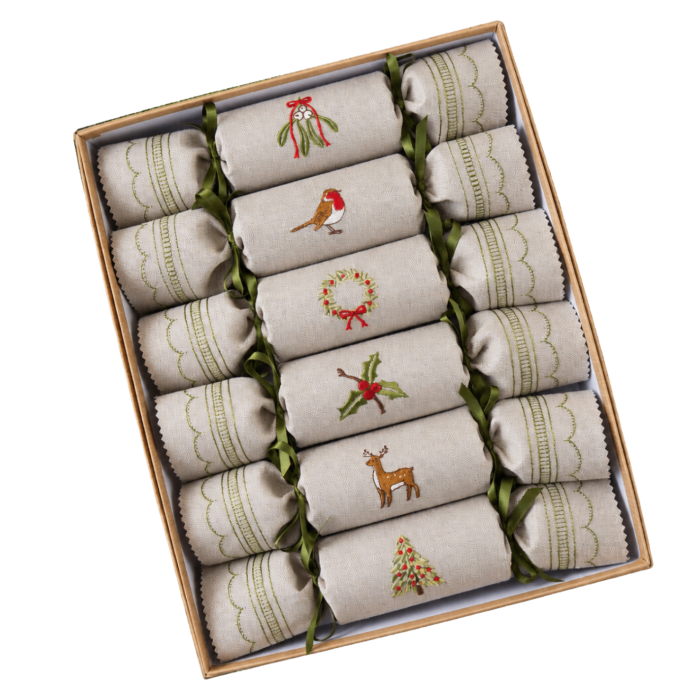 Boxed set of six reusable natural linen Christmas crackers tied with olive green ribbon bows. Each features embroidered festive woodland motifs, including mistletoe, a robin, a wreath, holly, a deer, and a Christmas tree