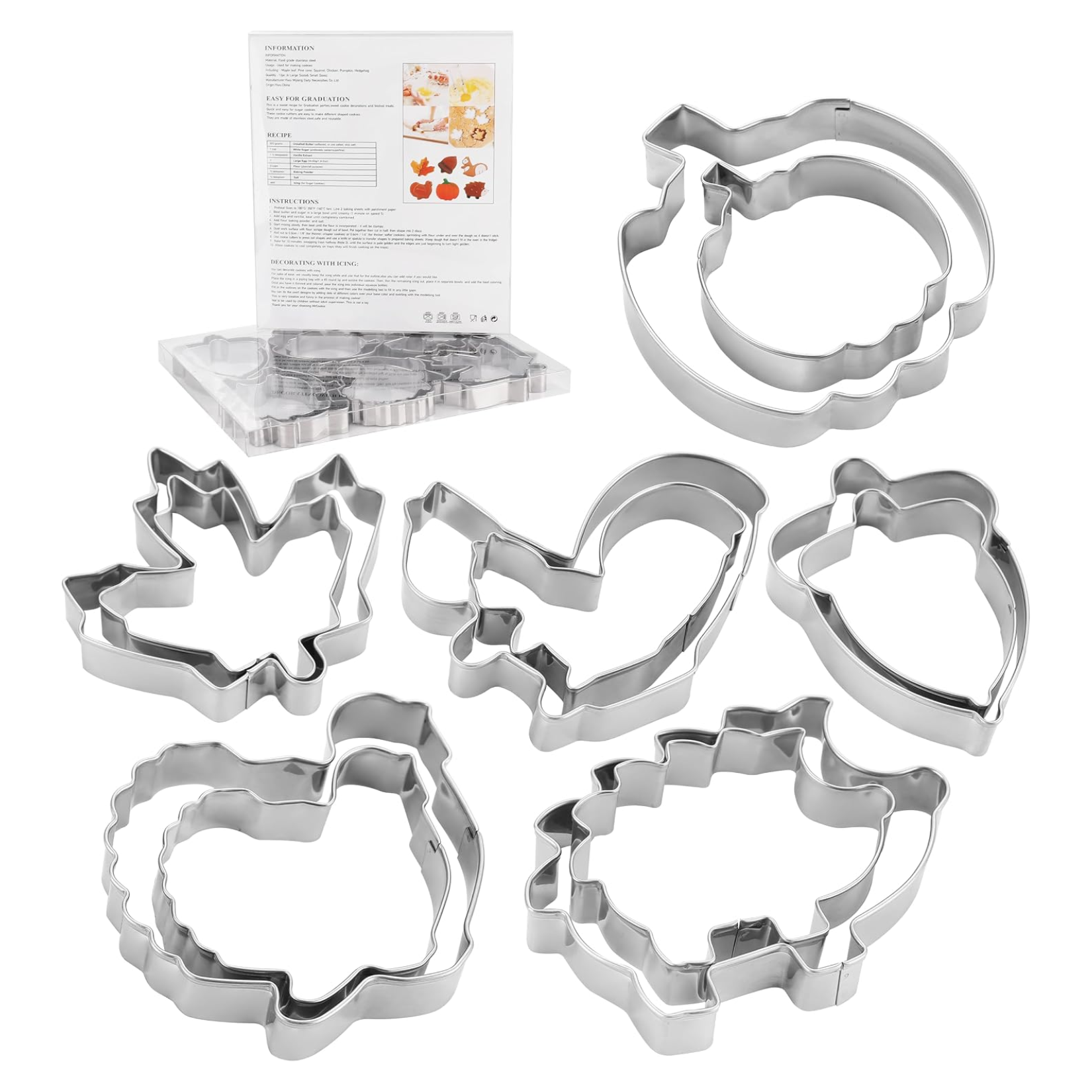 Set of stainless steel autumn-themed cookie cutters, featuring shapes like pumpkins, maple leaves, acorns, squirrels, and hedgehogs, complete with a packaging box and recipe card