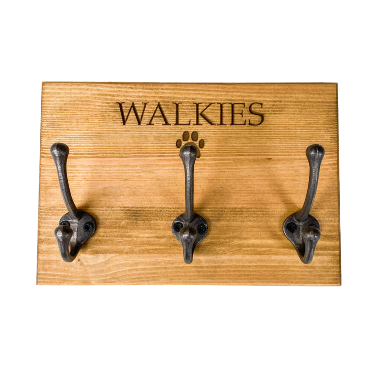 a wooden triple dog lead hook with the word walkies