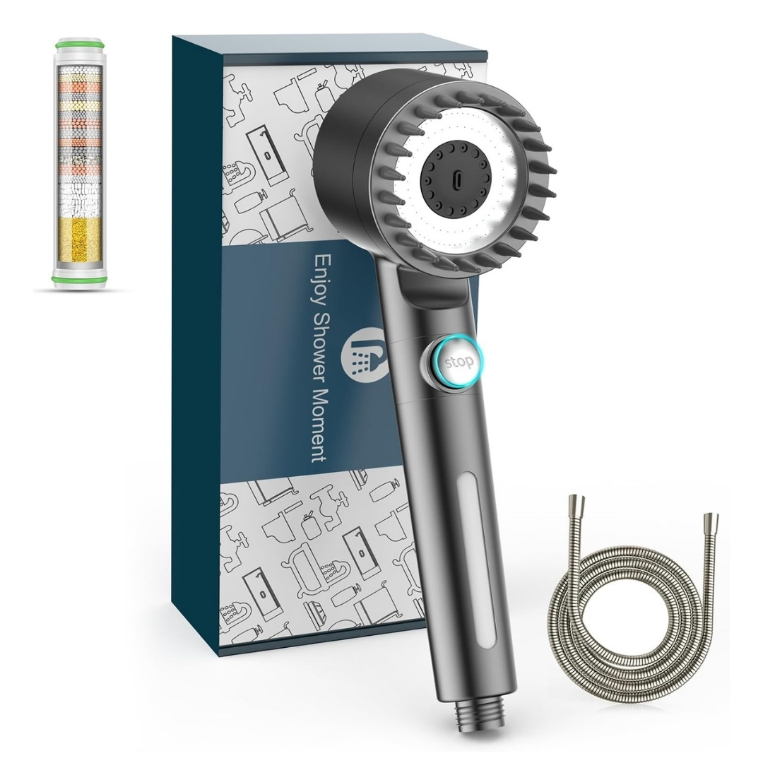 MEKO High Pressure Filter Shower Head pictured on a white background with box and hose