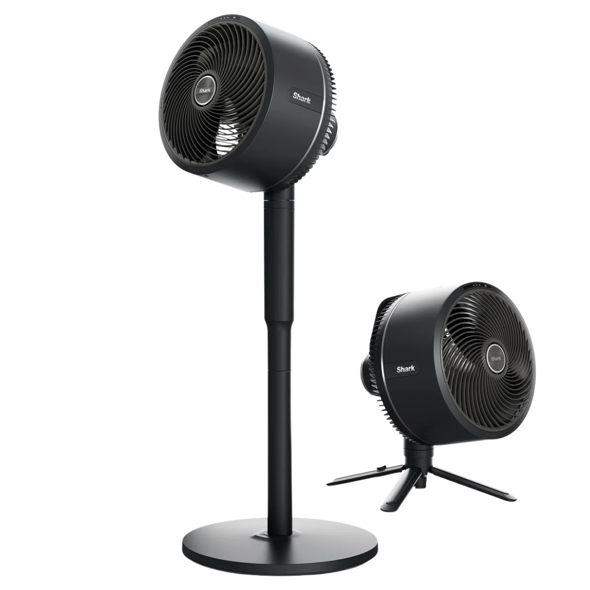a black pedestal fan and a black desk fan