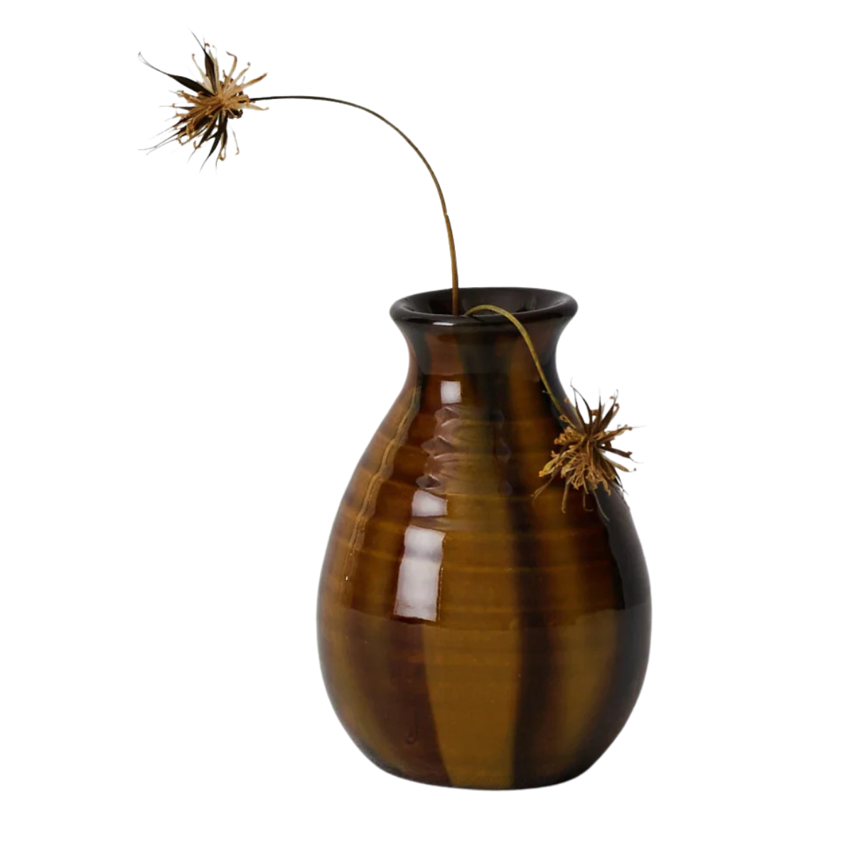 small brown bud vase with single flower stem