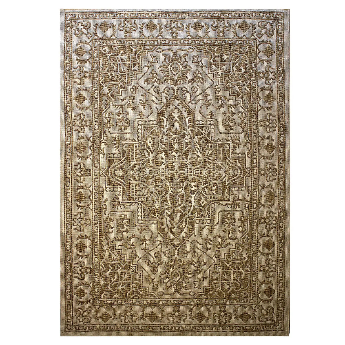 a beige and brown traditional patterned rug