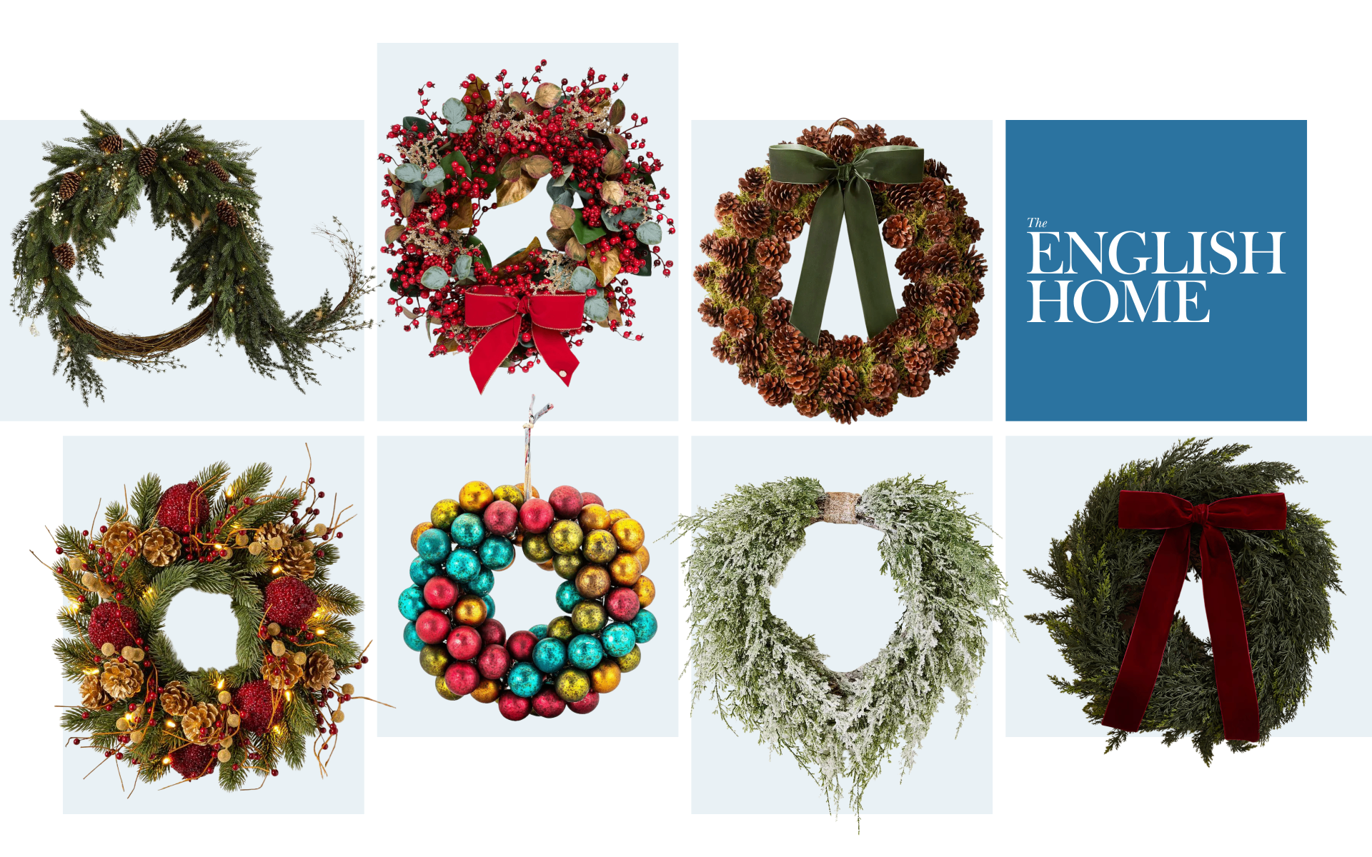 A product grid showcasing a variety of festive Christmas wreaths—ranging from traditional evergreen foliage with velvet bows and pinecone arrangements to vibrant baubles, frosted greenery, and red berry wreaths