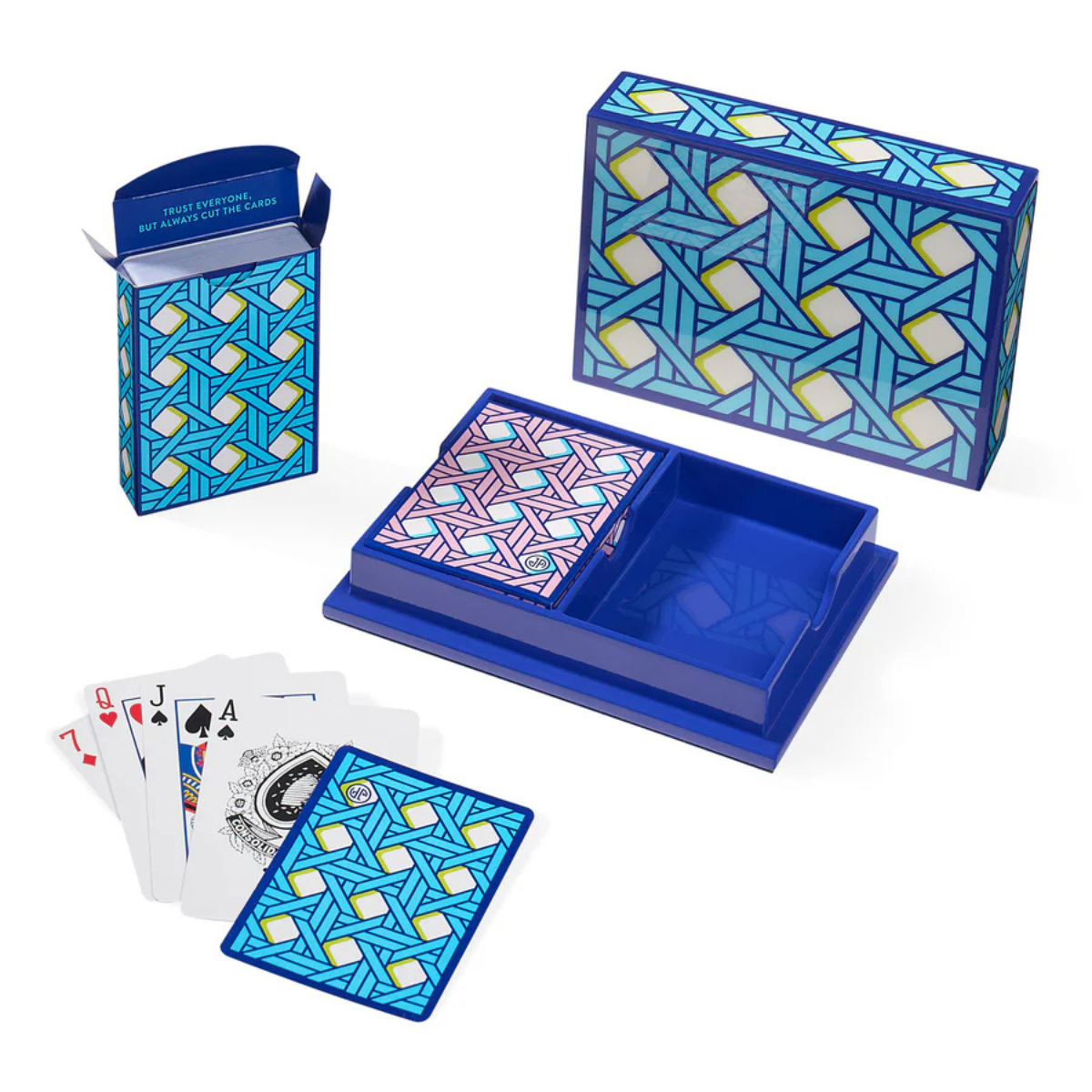 a pack of playing cards with a blue, yellow and white weave pattern in a blue acrylic box