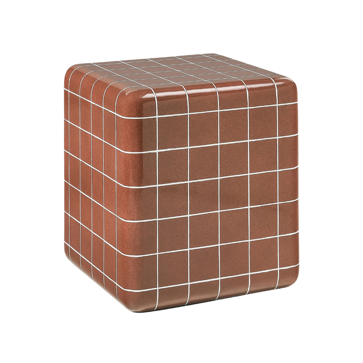a cube outdoor terracotta coloured outdoor side table with a white grid pattern