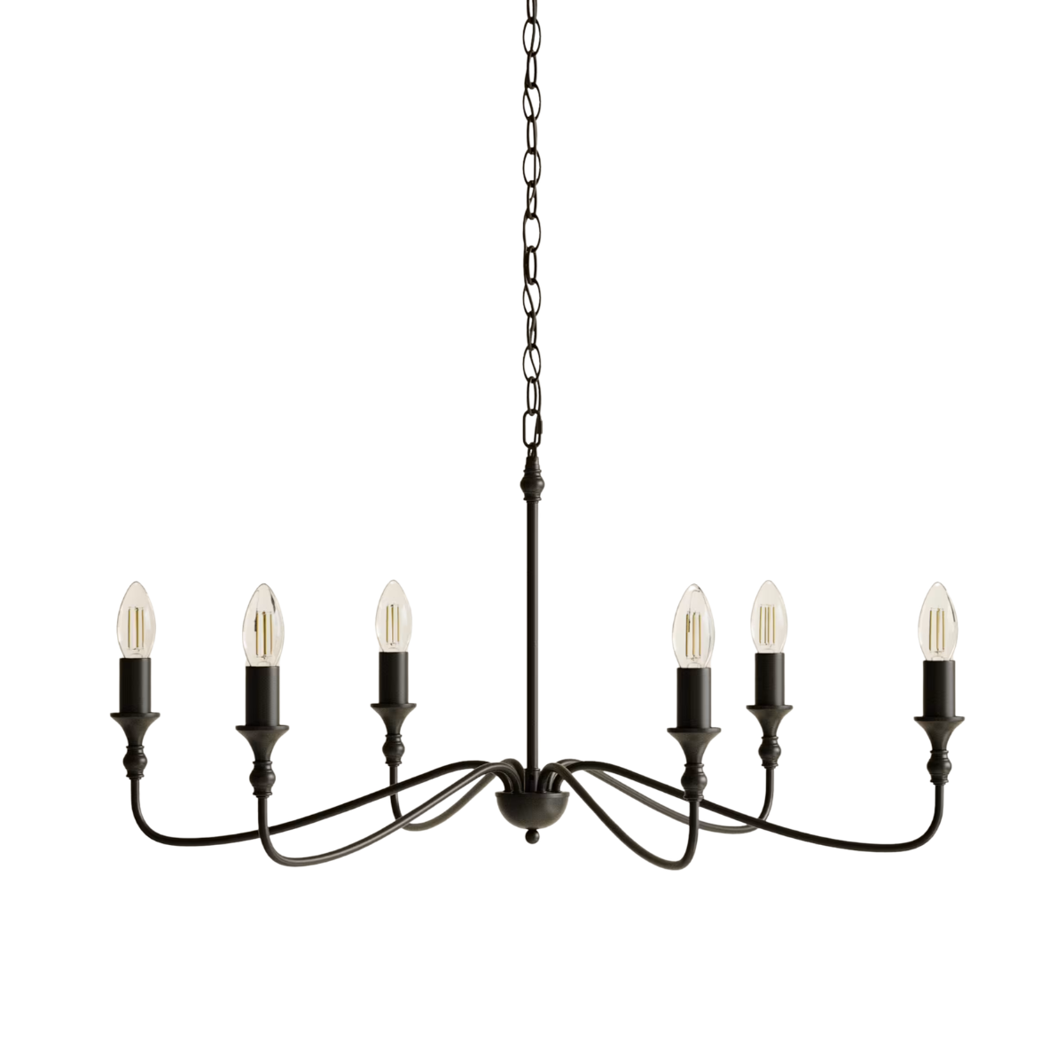 a black metal chandelier with 6 bulbs