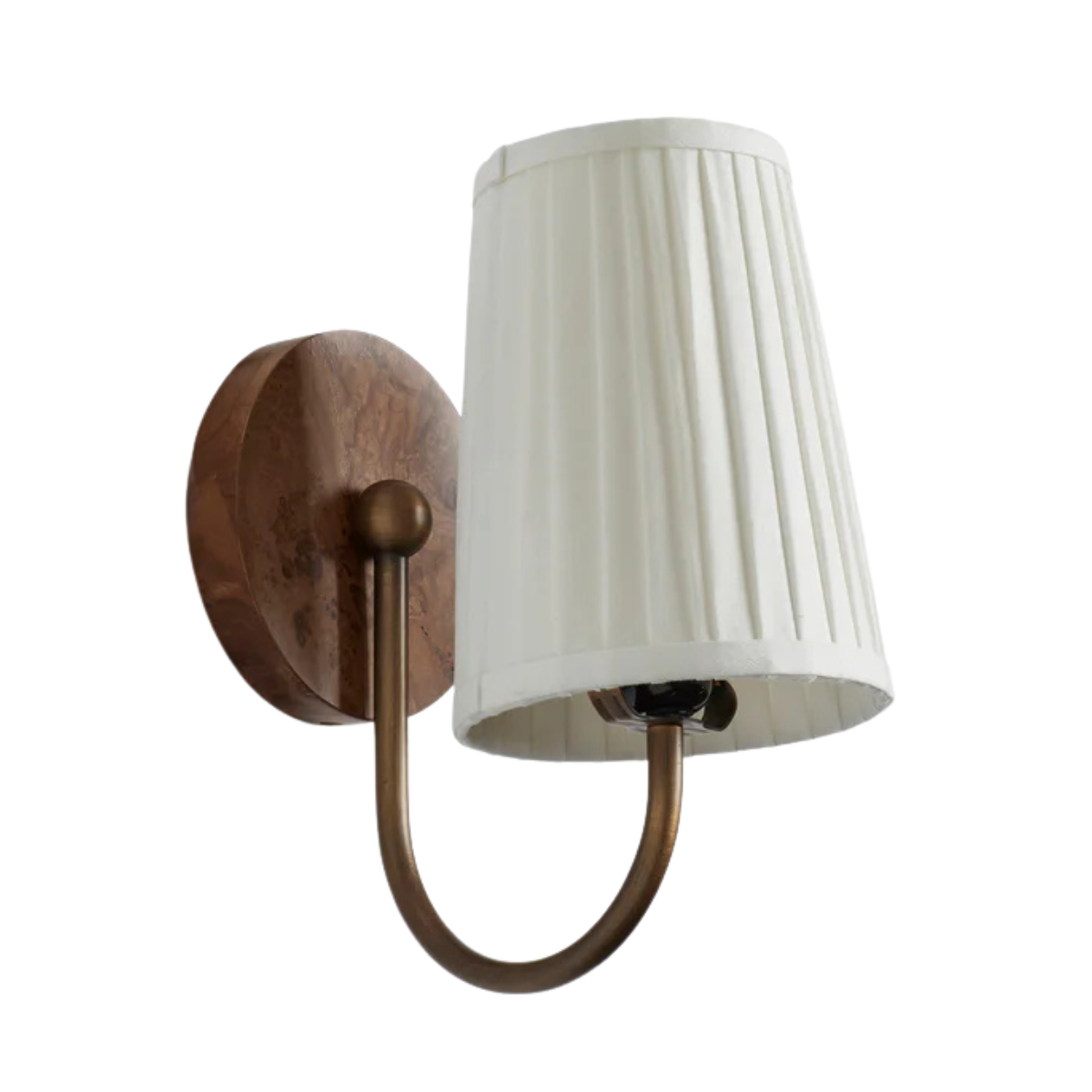 A WOOD AND BRASS WALL LIGHT WITH A WHITE PLEATED SHADE