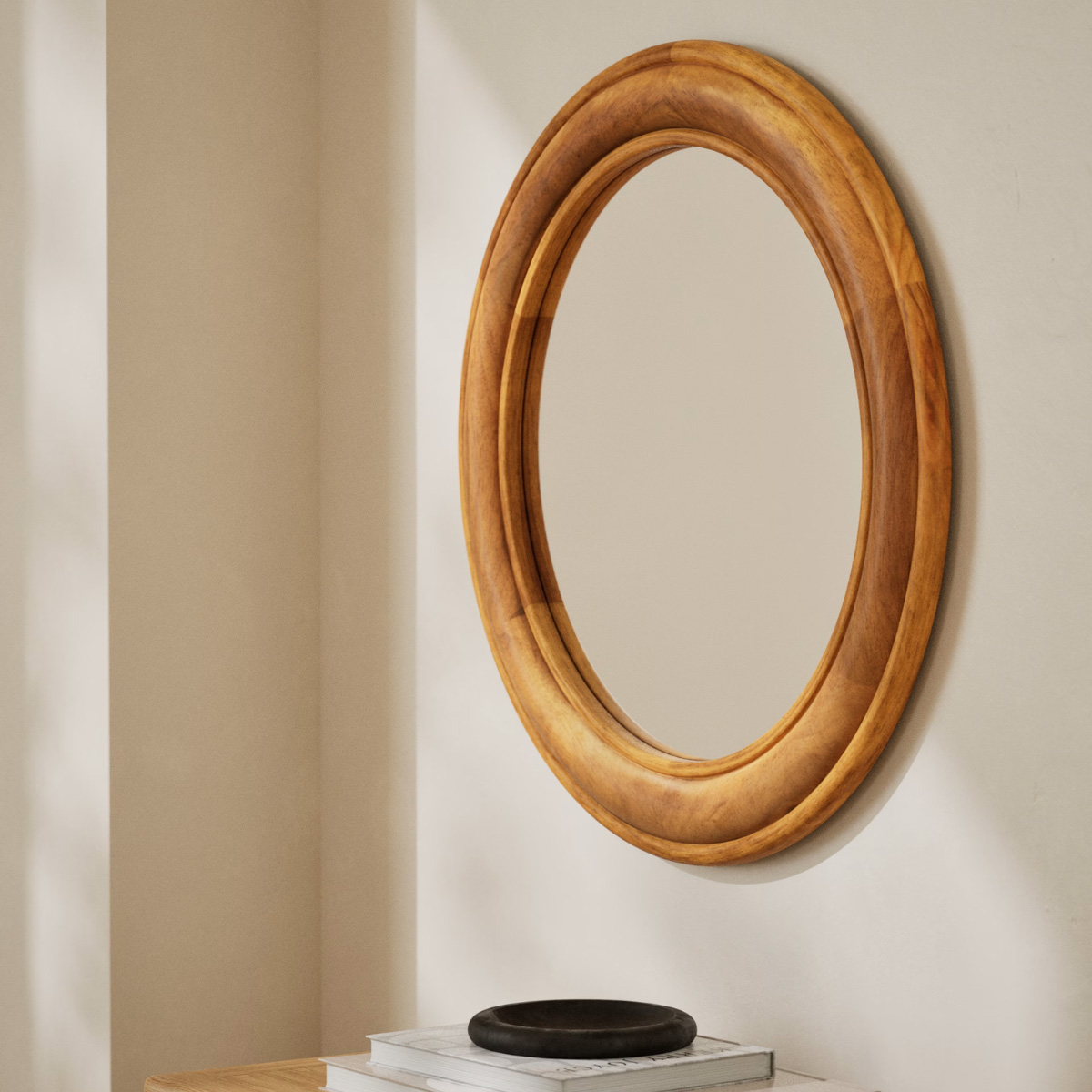 Wide Wood Round Wall Mirror