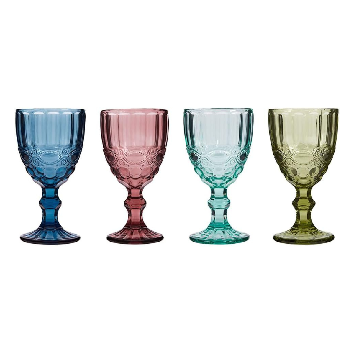 4 wine goblets in blue, pink, pale blue and green