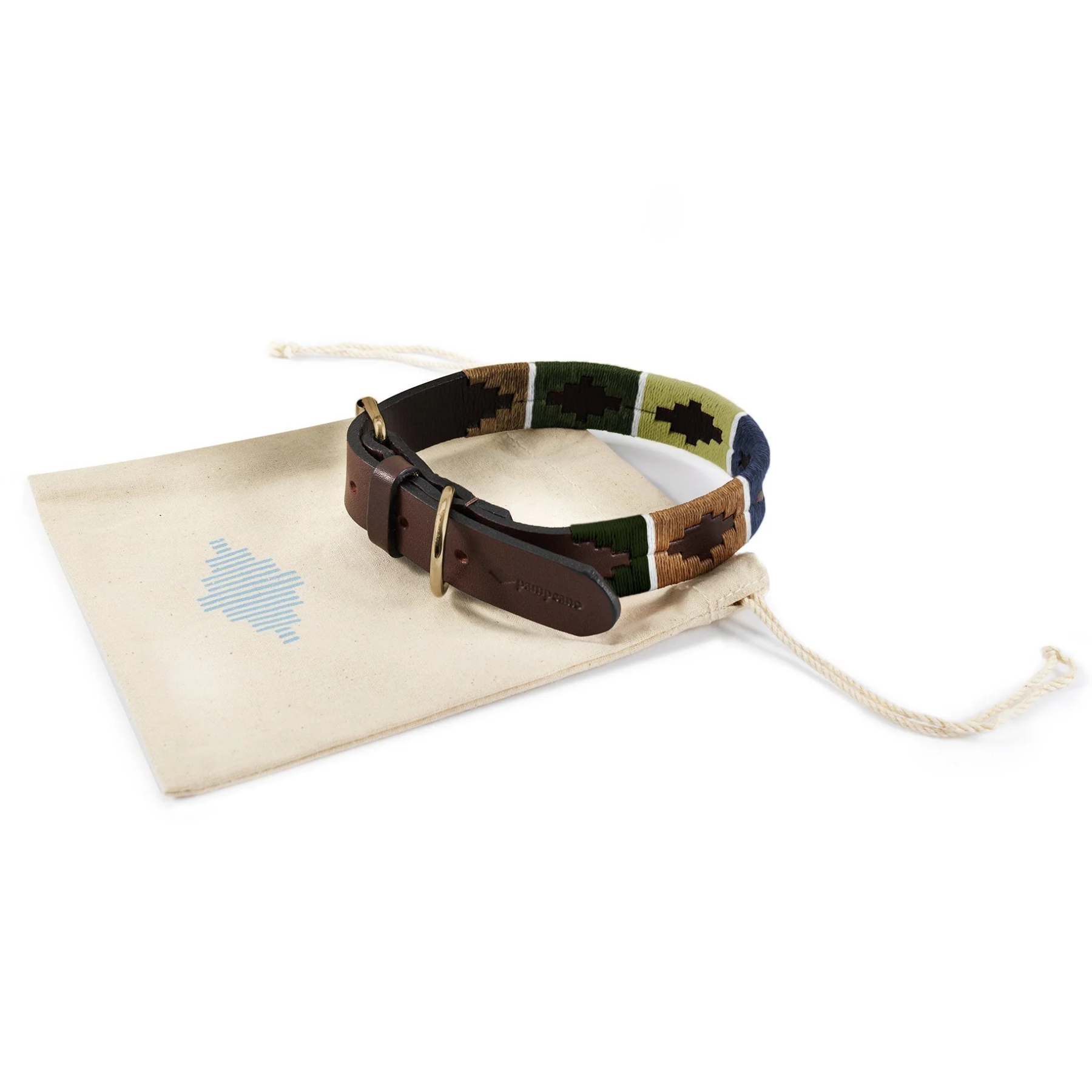 a dark brown leather, green and brown dog collar with a linen bag