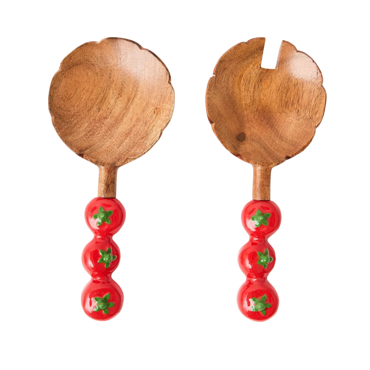 two wooden salad servers with tomato handles