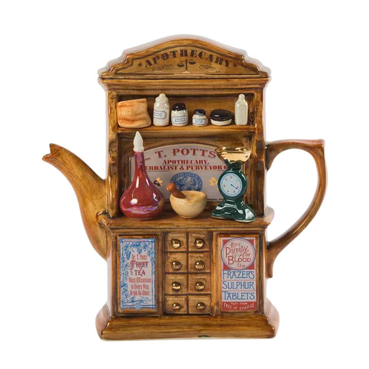 a brown teapot in the shape of an apothecary cabinet