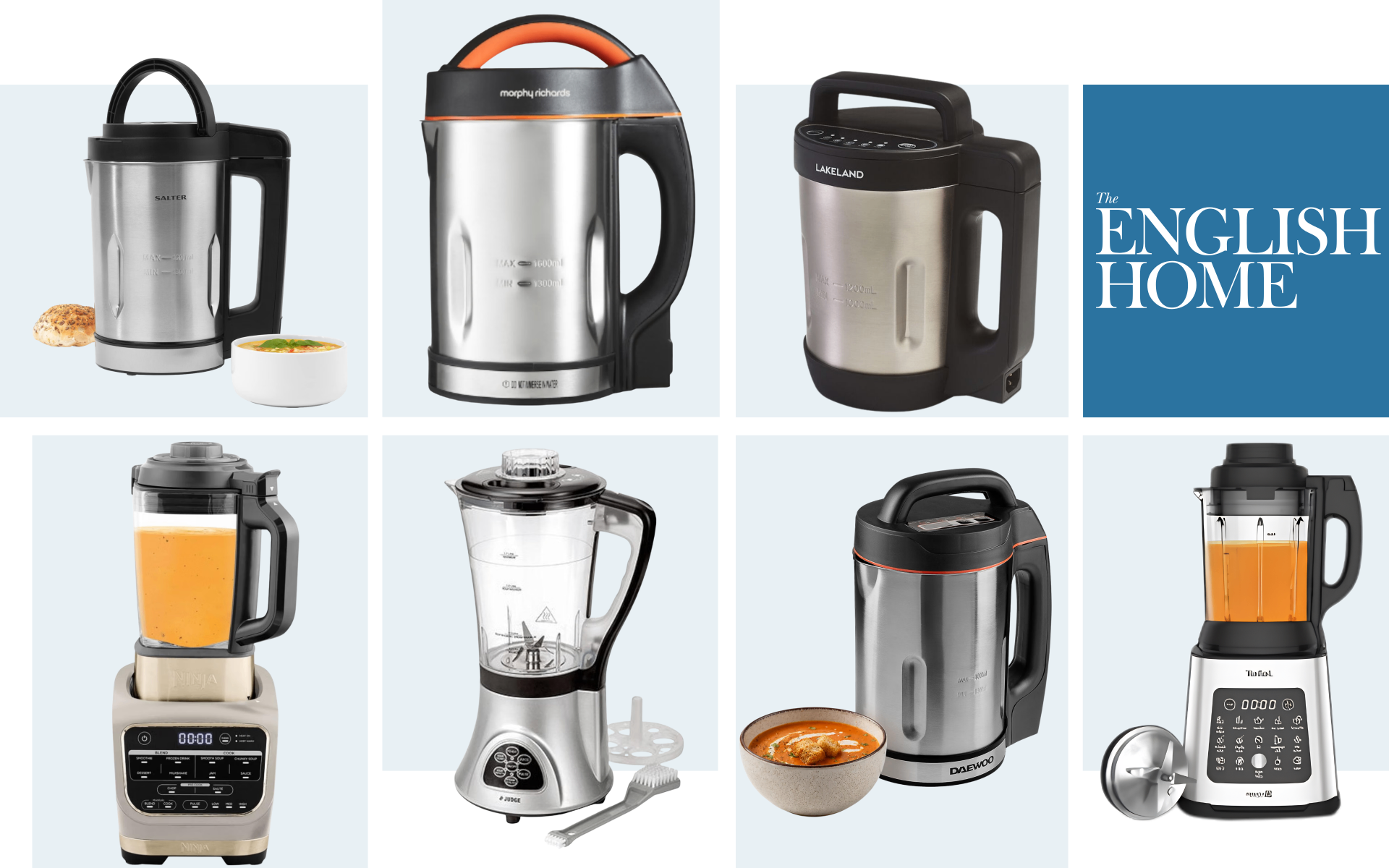 a collage of 7 soup makers with the english home logo
