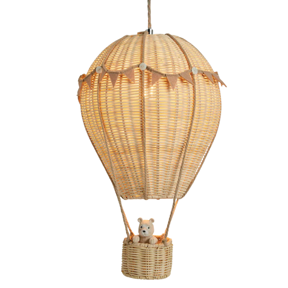 a rattan pendant shade in the shape of a hot air balloon